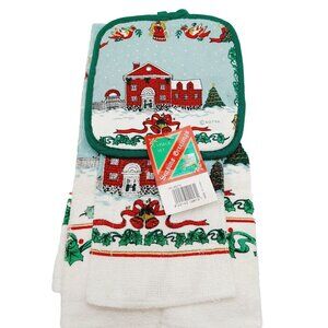Notra Kitchen & Hand Towel Pot Holder 3 PC Winter Holiday Angel Birds Scene NOS